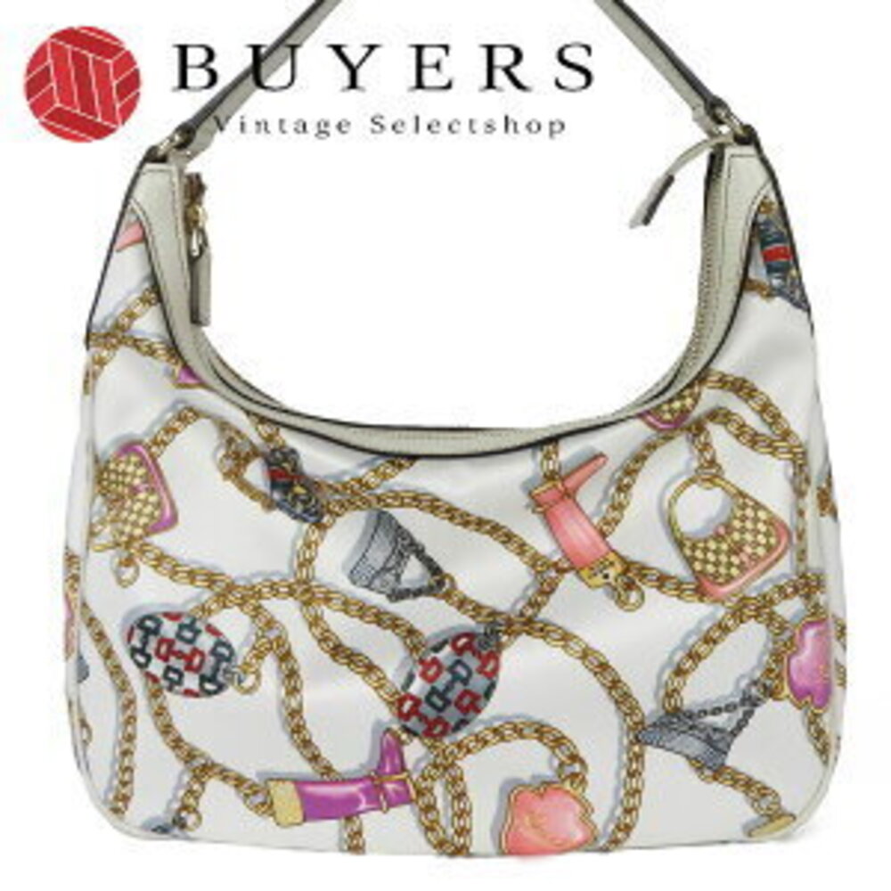 Gucci Hobo Shoulder Bag all over chain charm satin leather white